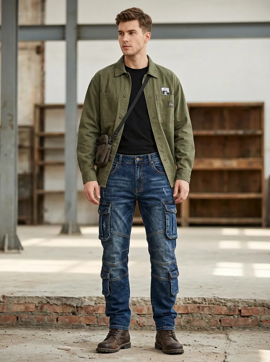Men's Casual Outdoor Distressed Denim Cargo Pants