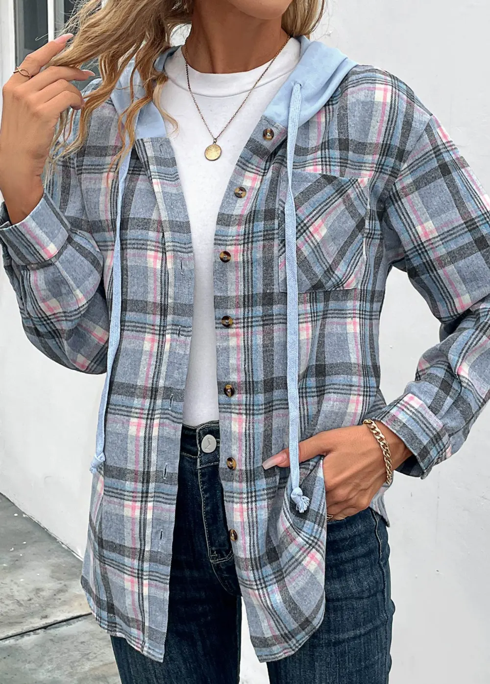 Blue Drawstring Plaid Long Sleeve Hooded Coat