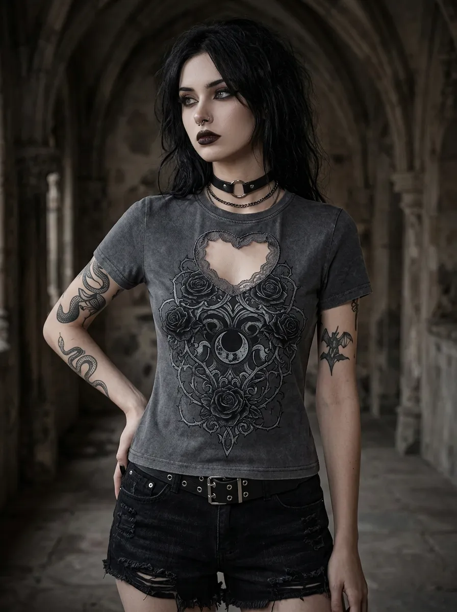Underground Rose Moon Cutout Statement Women's Gothic T-Shirt