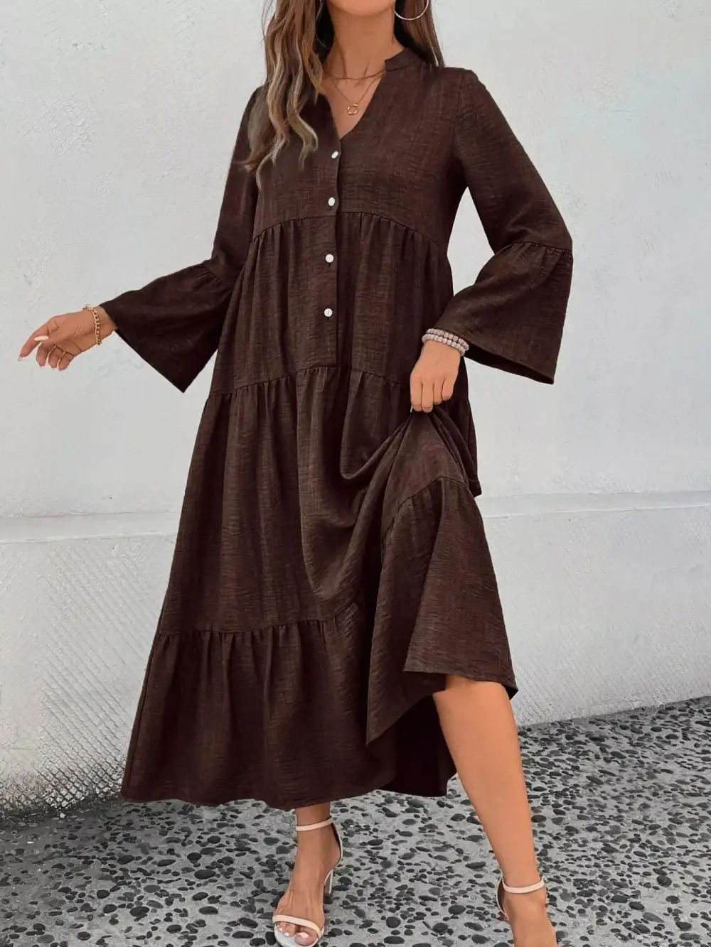 Button Front Ruffle Tiered Dress Casual