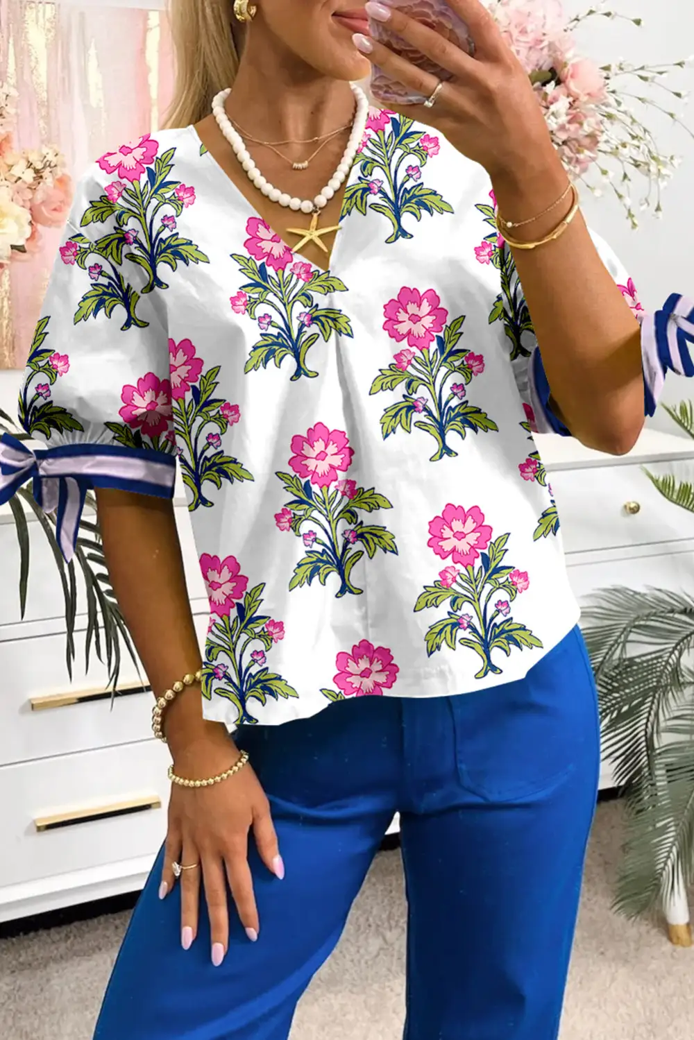 Striped Floral Tie Detail Blouse