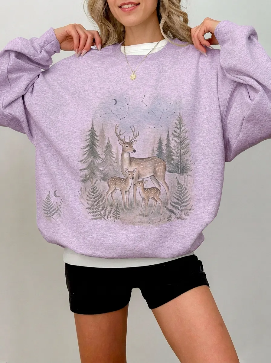 Women's Nature Forest Deer Family Graphic Sweatshirt