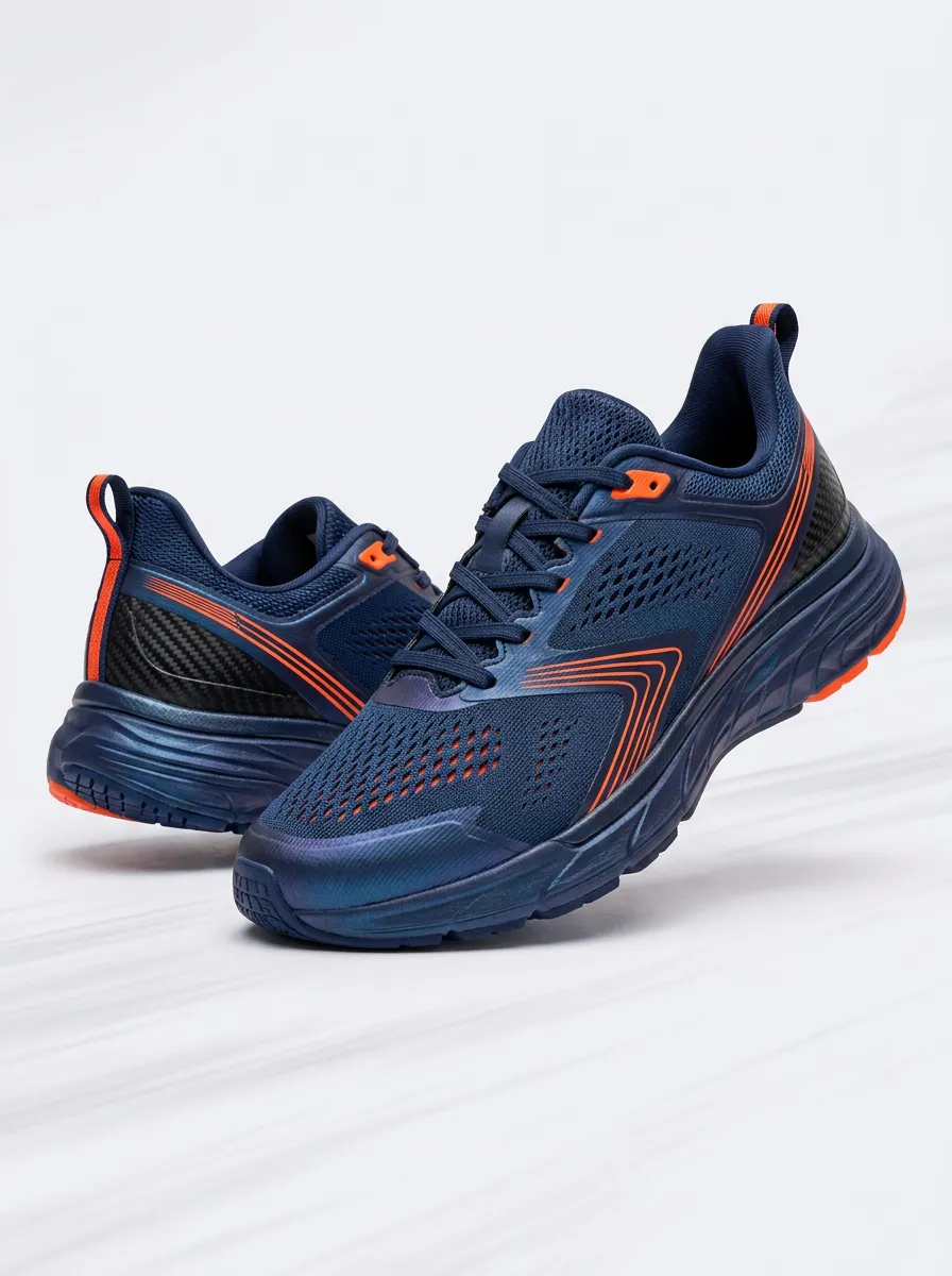 Men's Sporty Navy Blue Orange Carbon Fiber Pattern Printed Running Shoes