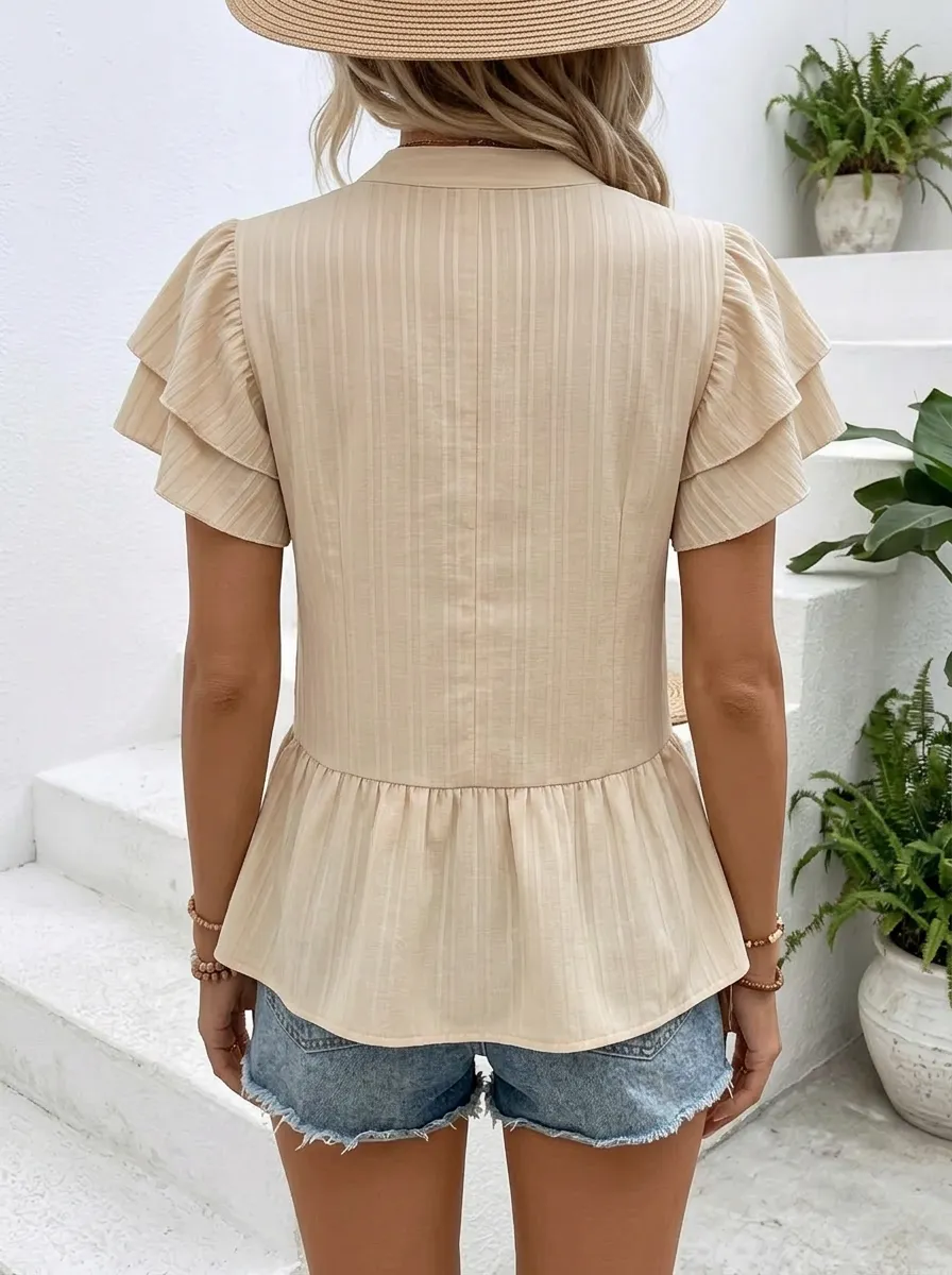 V-Neck Ruffle Sleeve Textured Peplum Top