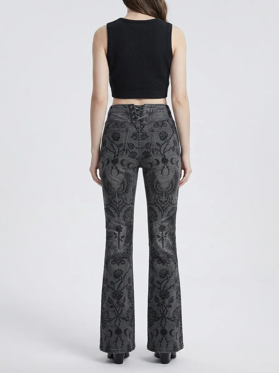 Alternative Rose Moon Wing Night Look Women's Gothic Flare Pants