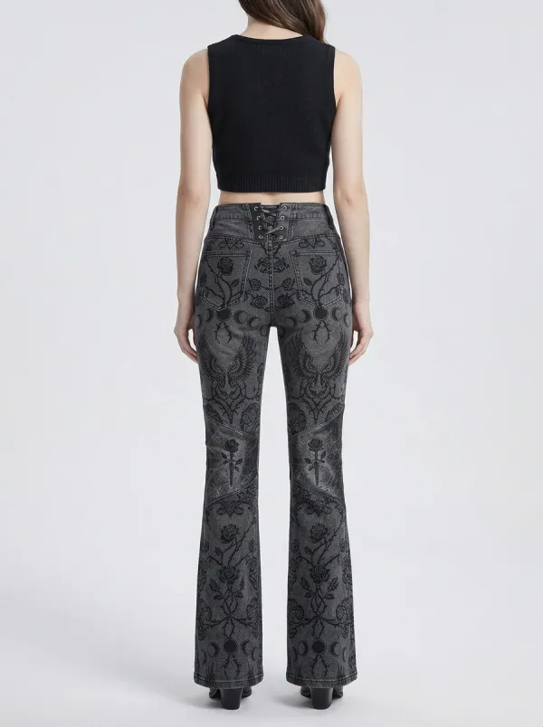 Alternative Rose Moon Wing Night Look Women's Gothic Flare Pants