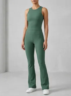 Women's Retro Inspired Ribbed Yoga Inspired Fitness Inspired Tank Top and Flare Pants Active Set