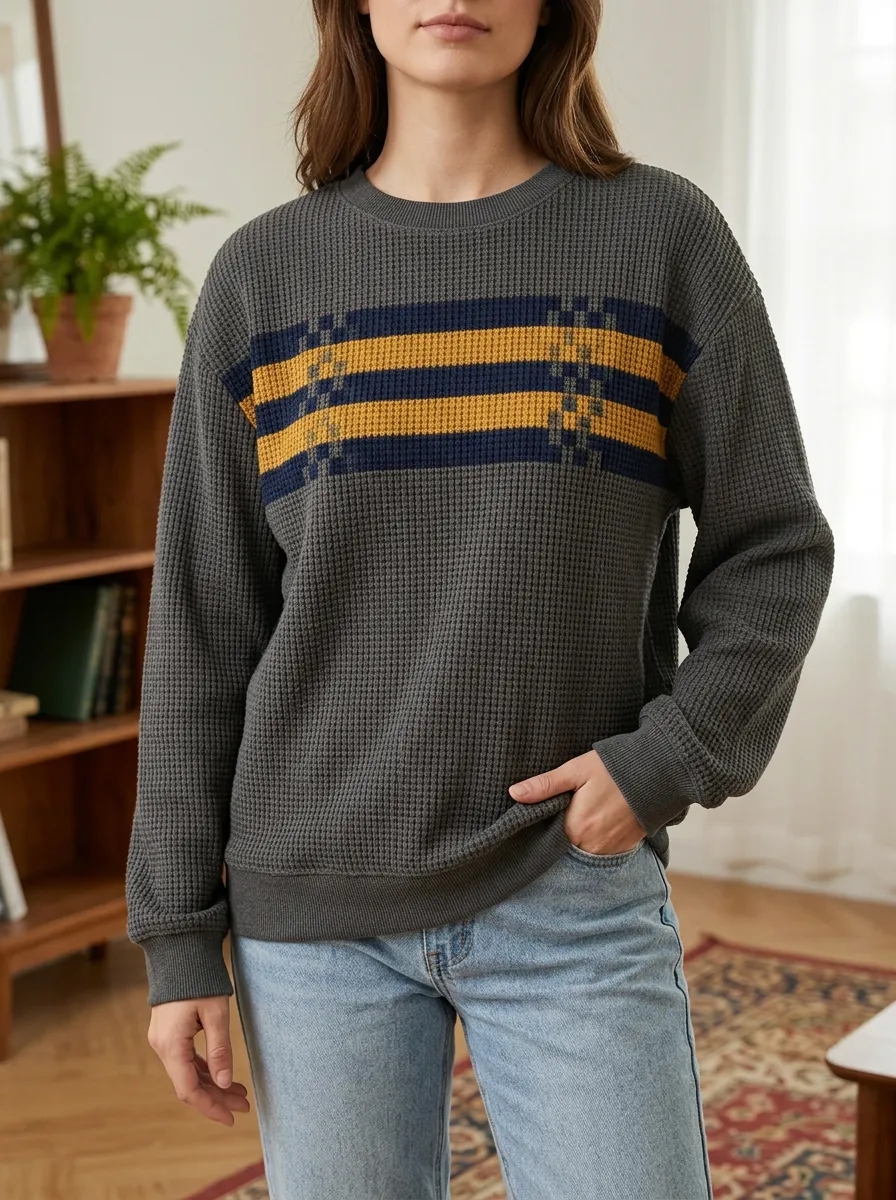 Women's Striped Pattern Waffle Knit Printed Crewneck Sweatshirt