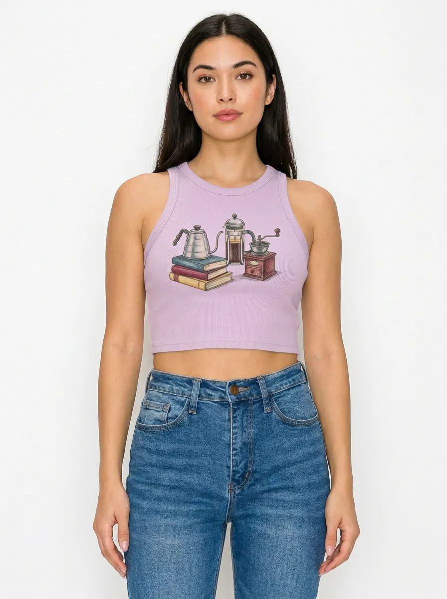 Women's Coffee Books French Press Graphic Ribbed Crop Tank Top