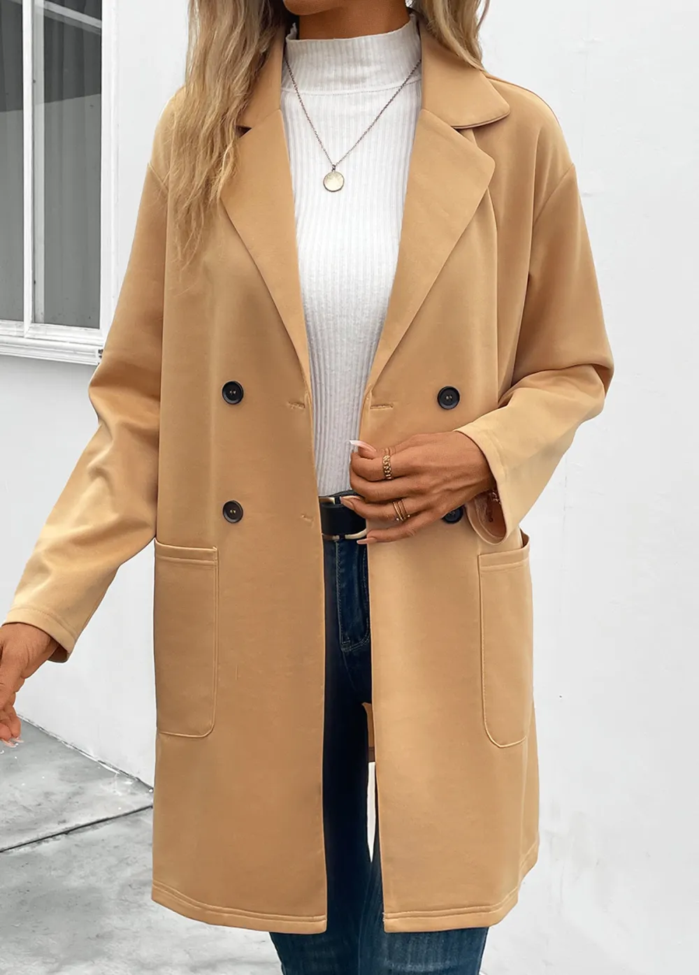 Light Camel Pocket Long Sleeve Lapel Coat