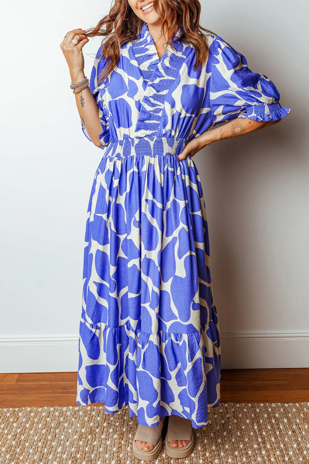 Sky Abstract Print Smocked Waist Puff Half Sleeve Maxi