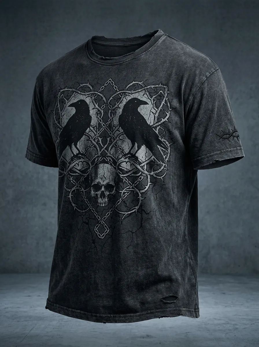 Statement Skull Raven Barbed Wire Profile Men's Gothic T-Shirt
