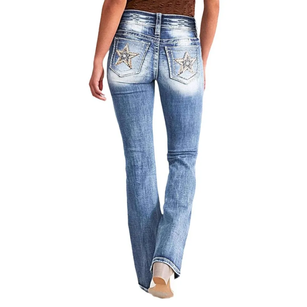 Women's Straight Leg Slim Fit Embroidered Jeans
