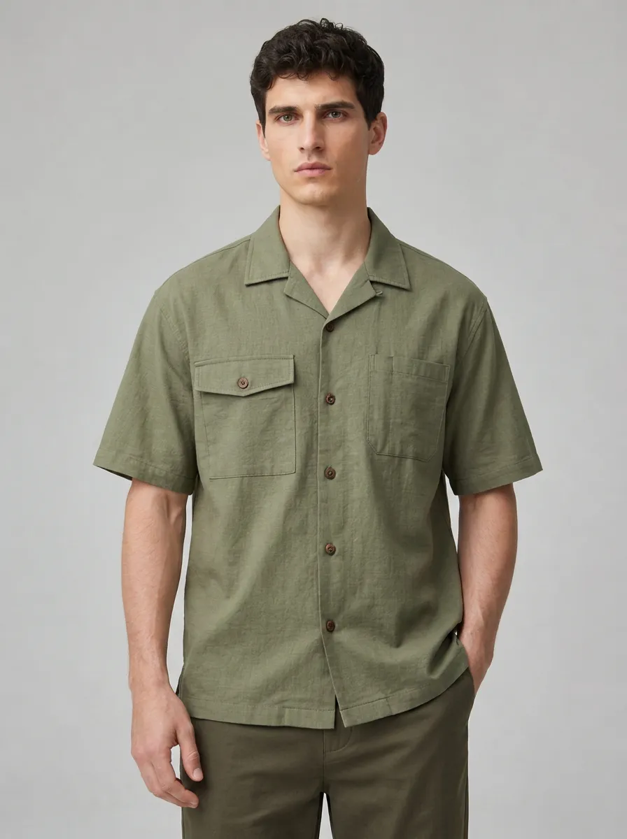 Men's Olive Green Breathable Cotton Linen Short Sleeve Button Down Shirt