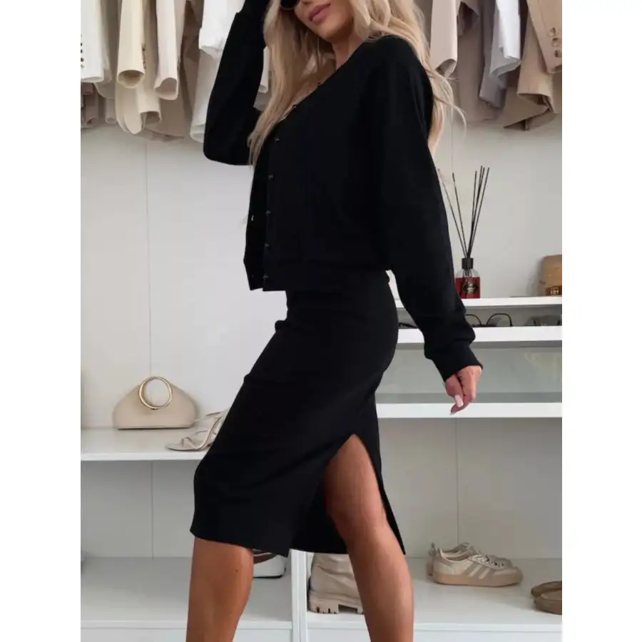 Slit Square Neck Dress and Outerwear Set