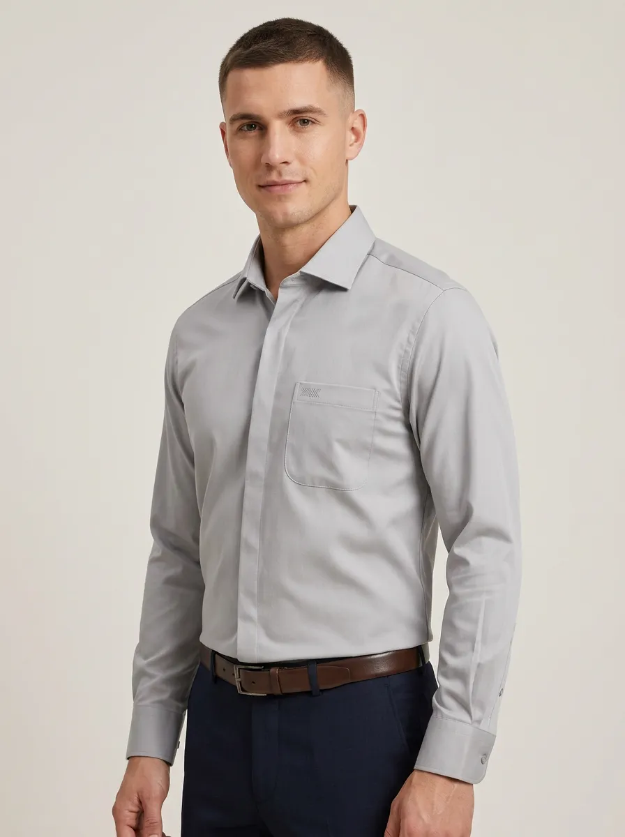 Men's Non-Iron Cotton Grey Embroidered Pocket Long Sleeve Shirt