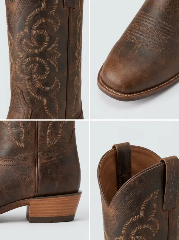Men's Western Cowboy Brown Embroidered Printed Boots