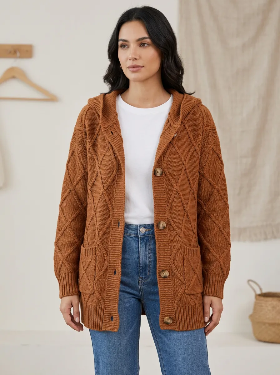 Women's Cable-Knit Button-Front Patch-Pocket Classic Hooded Cardigan