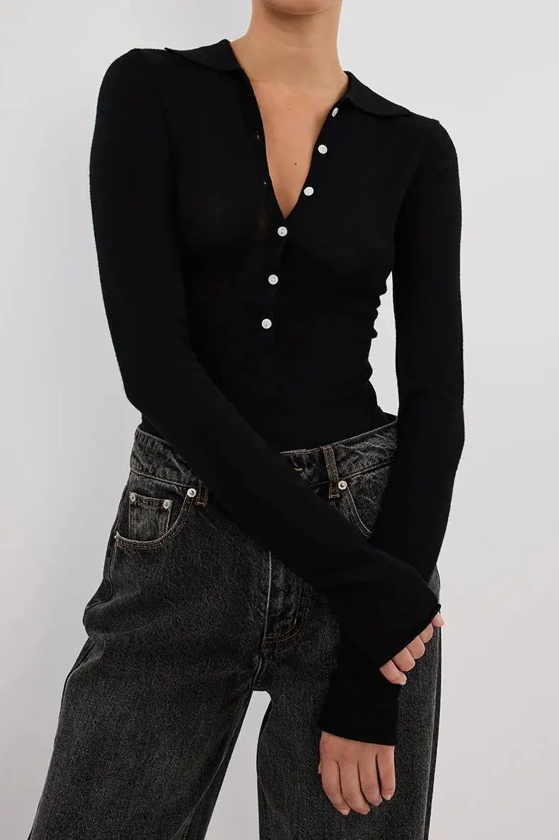 BLACK POLO KNIT TOP