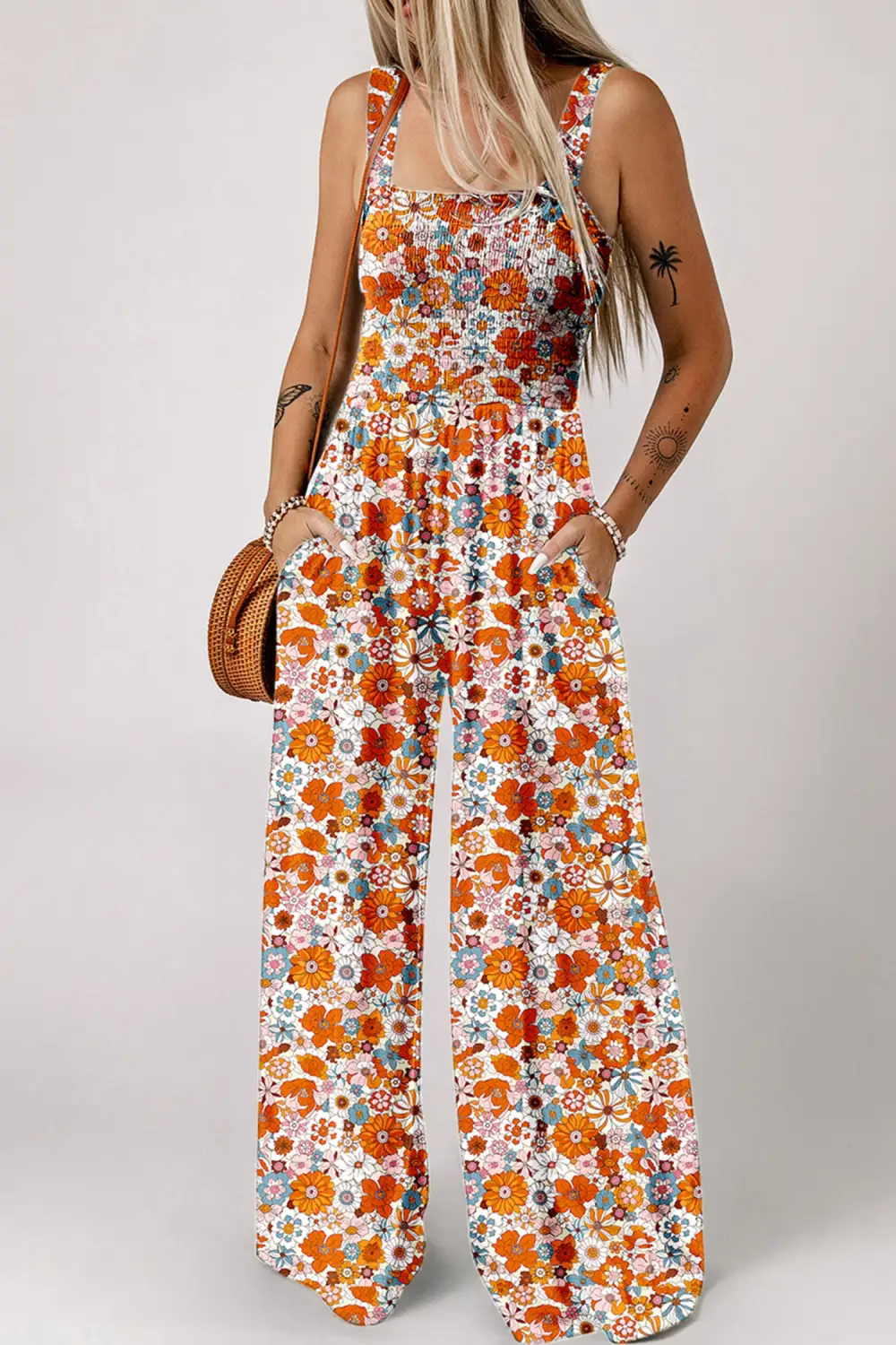 Floral Print Sleeveless Smocked Shift Jumpsuit