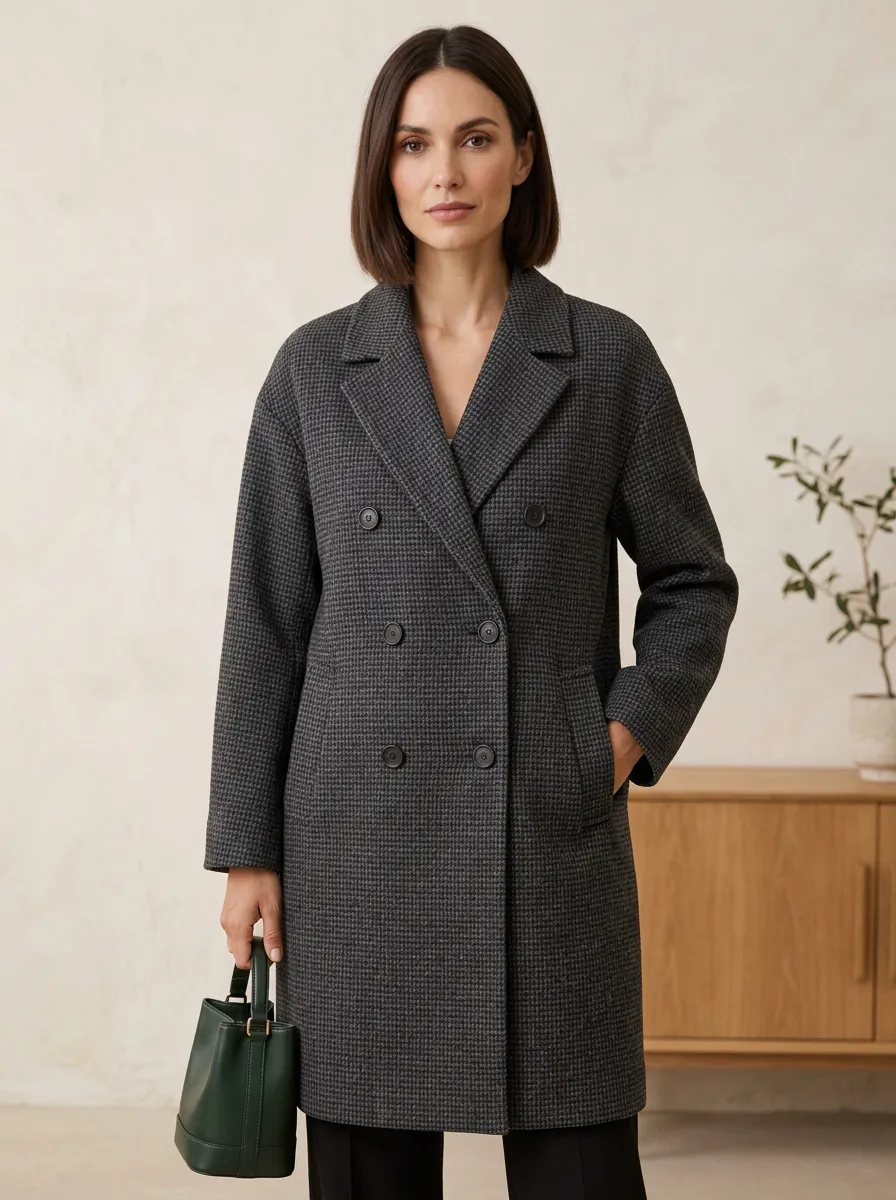 Women's Classic Gray Houndstooth Patterned Double-Breasted Coat