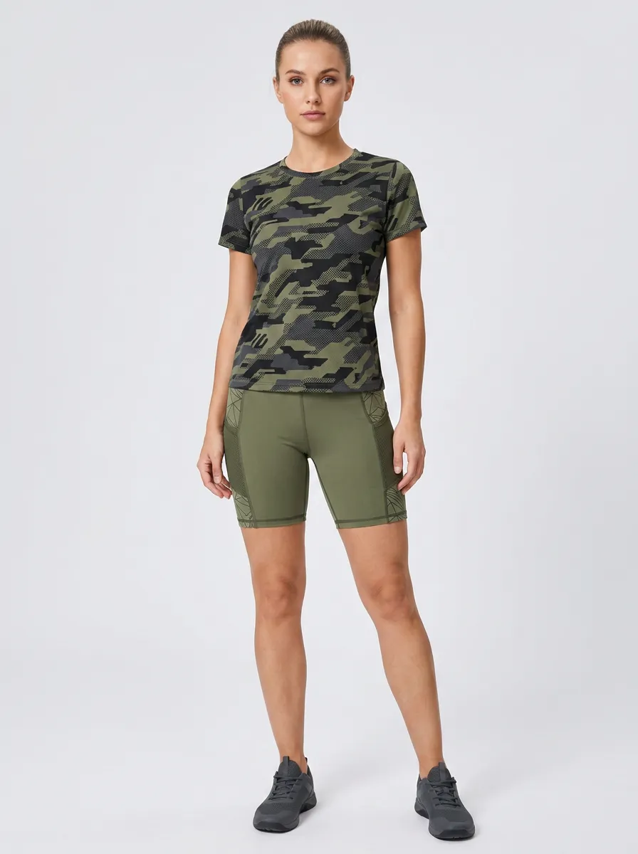 Women's Fitness Camouflage Printed T-shirt and Biker Shorts Set