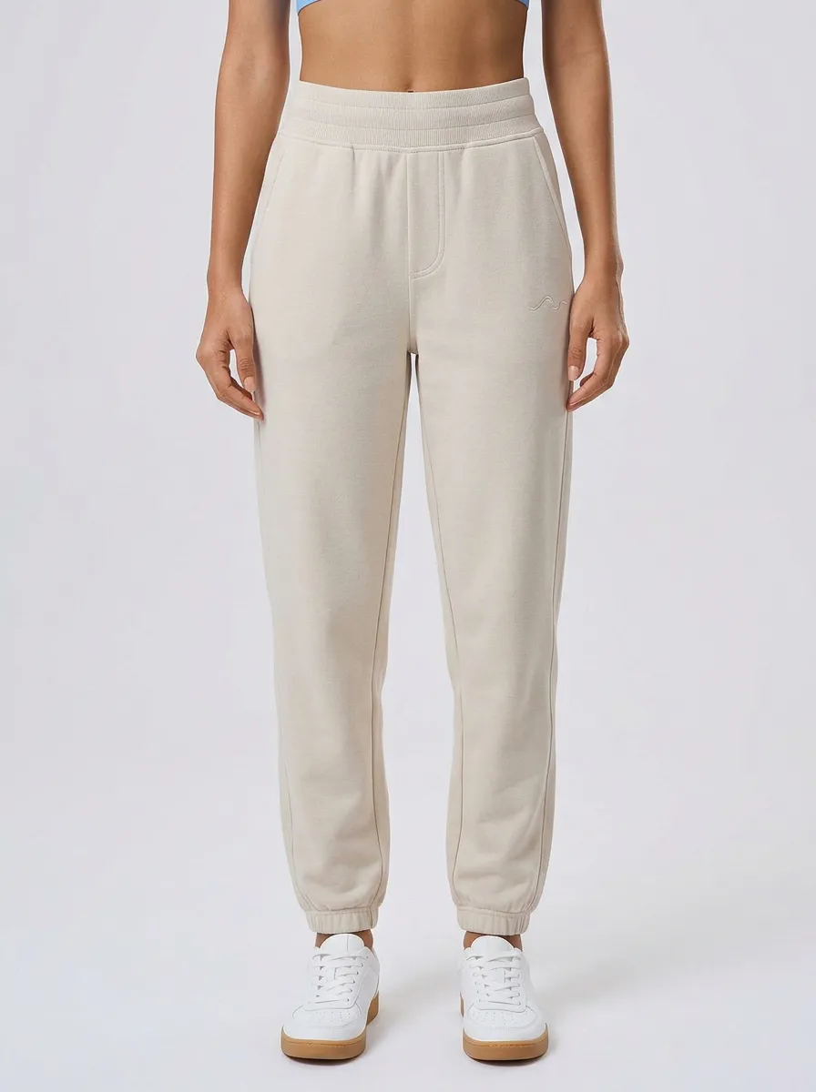 Women's Minimalist Solid Beige Embroidered Wave Printed Joggers