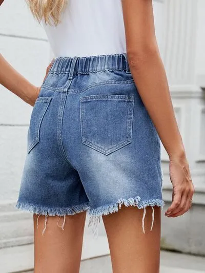 Distressed Raw Hem Asymmetrical Waist Shorts Denim Pants