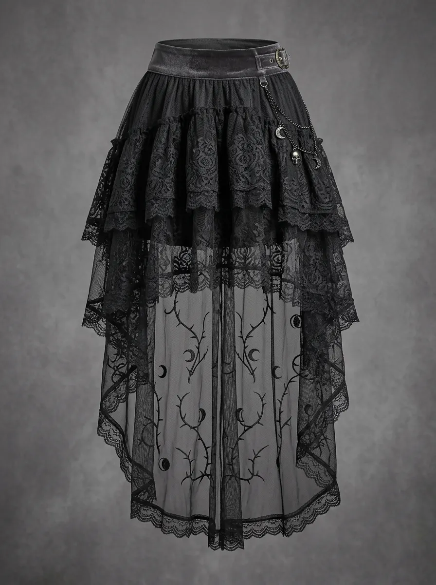 Noir Moon Thorn Lace Collection Women's Gothic High-Low Skirt
