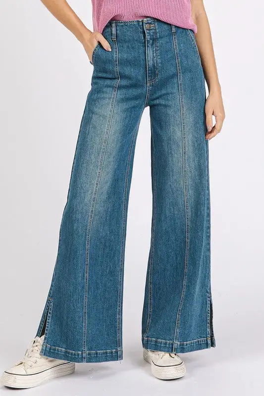 Wash Seam Detail Wide Leg Denim Jeans