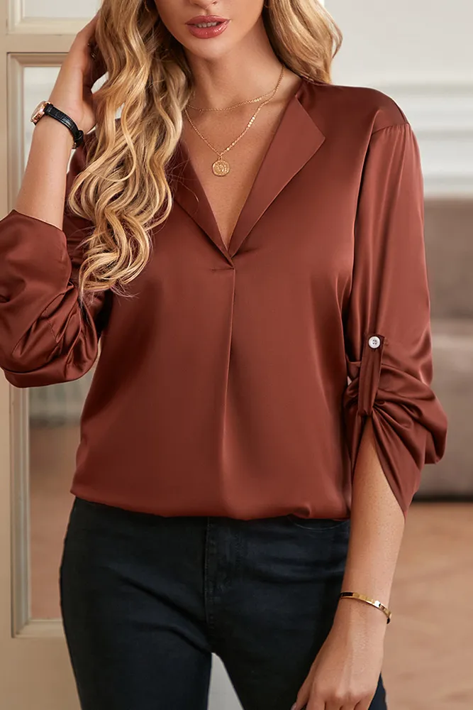 Silky Flip Collar Tucked Blouse