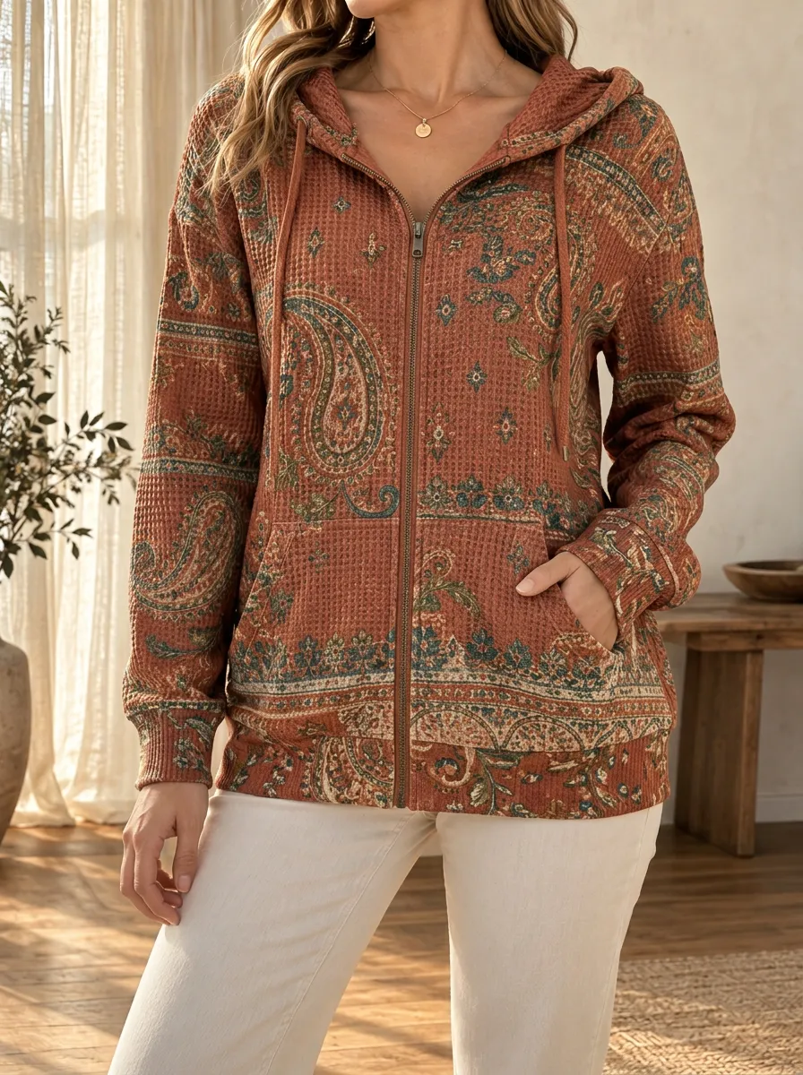 Women's Boho Paisley Pattern Signature Layout Waffle Zip-Up Hoodie