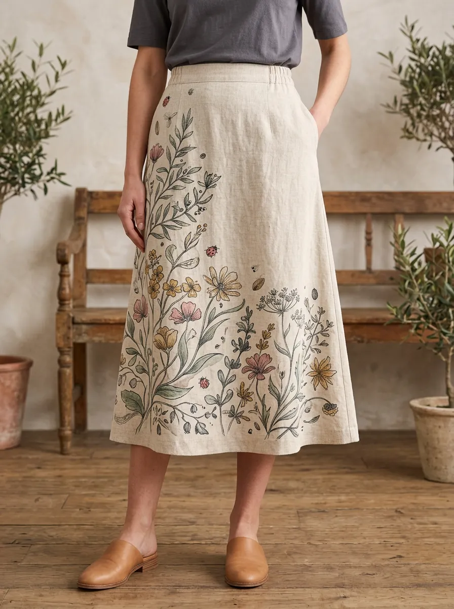 Women's Botanical Garden Ladybug Printed Linen Midi Skirt