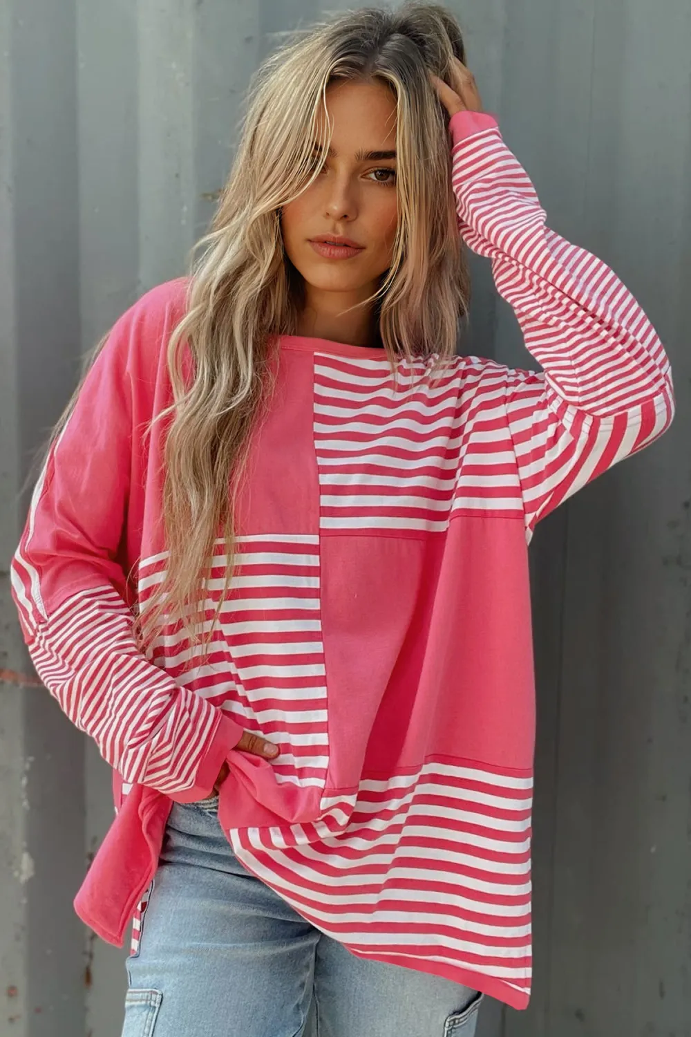 Pink Stripe Block Patchwork Drop Top
