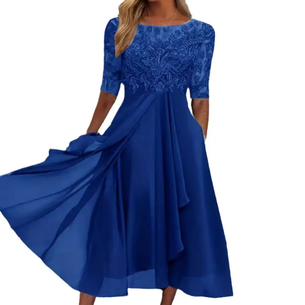 Women's A-Line Three-Quarter-Sleeve Lace Floral Midi Dress
