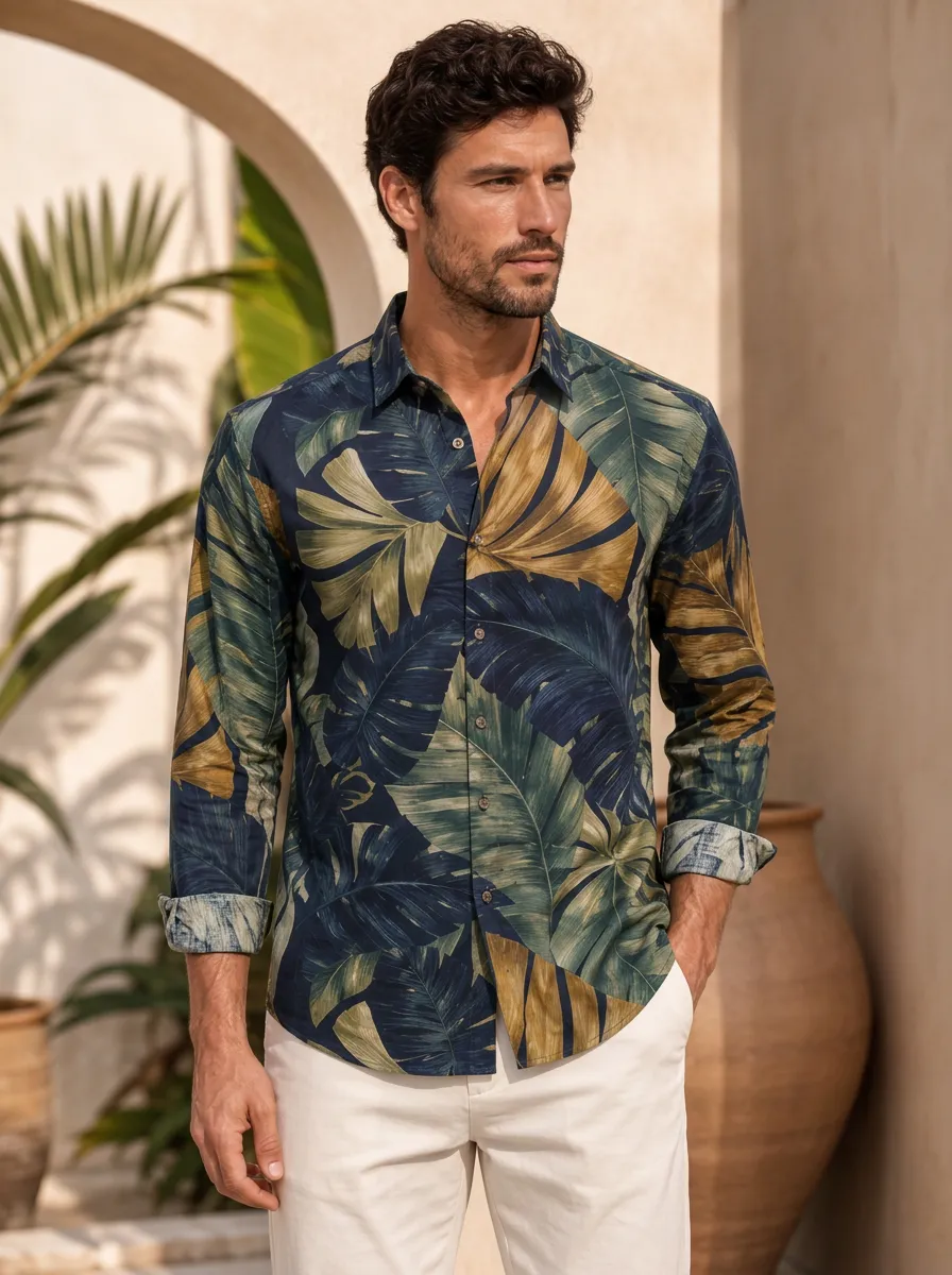 Men's Tropical Leaf Print Long-Sleeve Shirt with All-Over botanical leaf print pattern