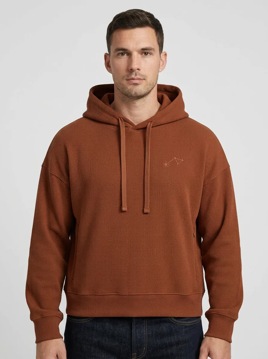 Men's Bicycle Outline Embroidered Waffle Waffle-Knit Pullover Hoodie