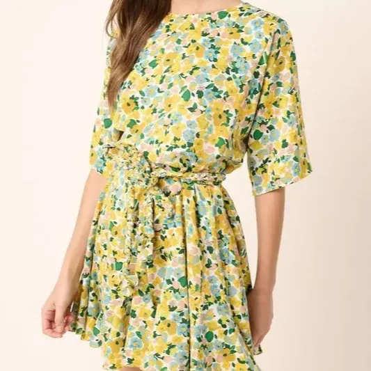 Floral Tie Waist Half Sleeve Mini Dress