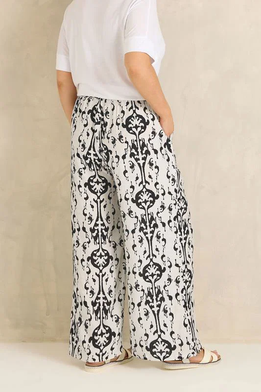 White Abstract Print Wide Leg Trousers detail 3