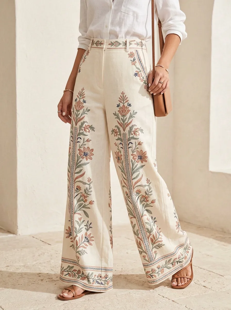 Women's Boho Floral Botanical Patterned High-Waist Wide-Leg Pants