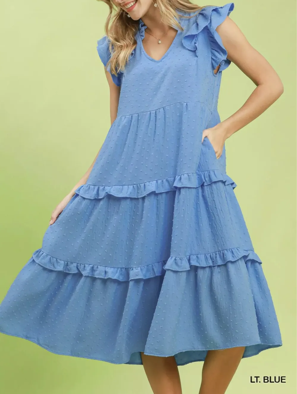 Ruffle Sleeve Tiered Pocketed Midi Dress
