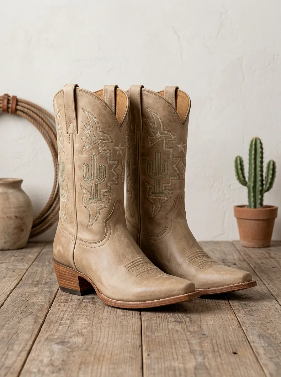 Unisex Western Cowboy Cactus Star Embroidered Printed Boots