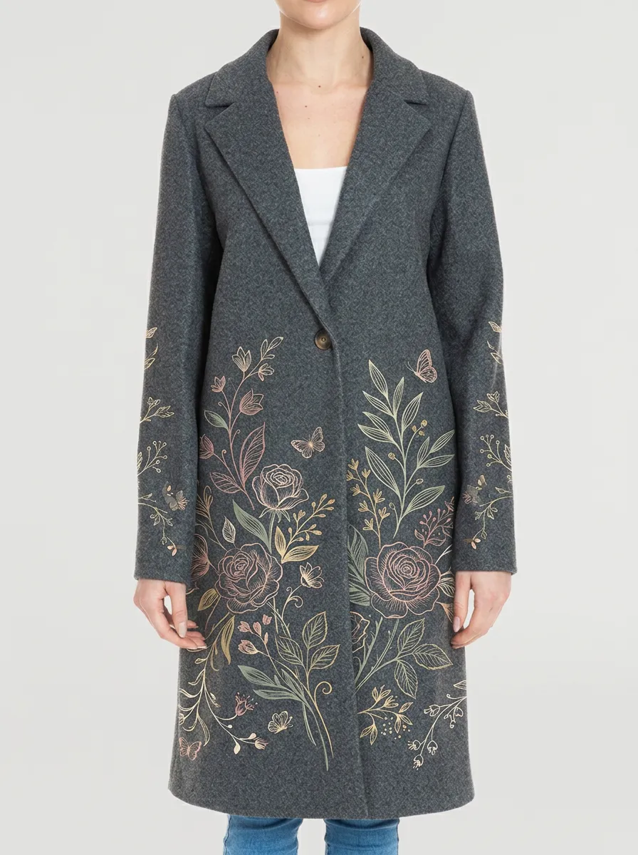 Women's Floral Butterfly Nature Lover Printed Wool Coat