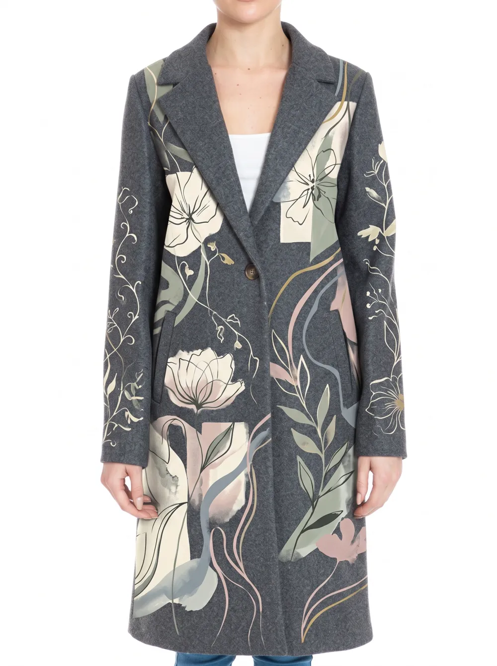 Women's Floral Art Botanical Abstract Printed Wool Coat