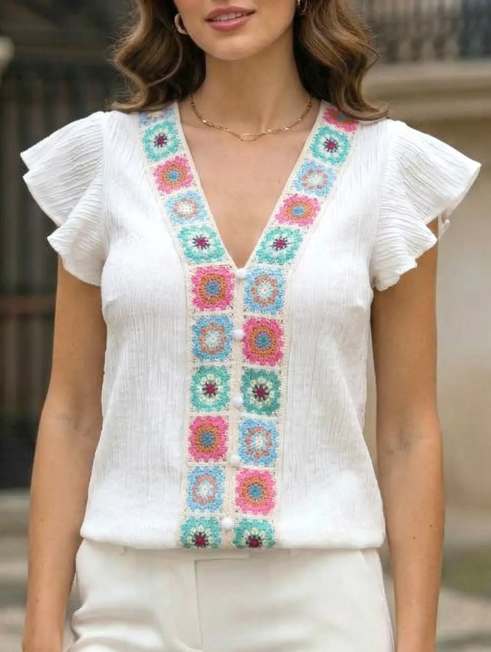 V Neck Flutter Sleeve Blouse