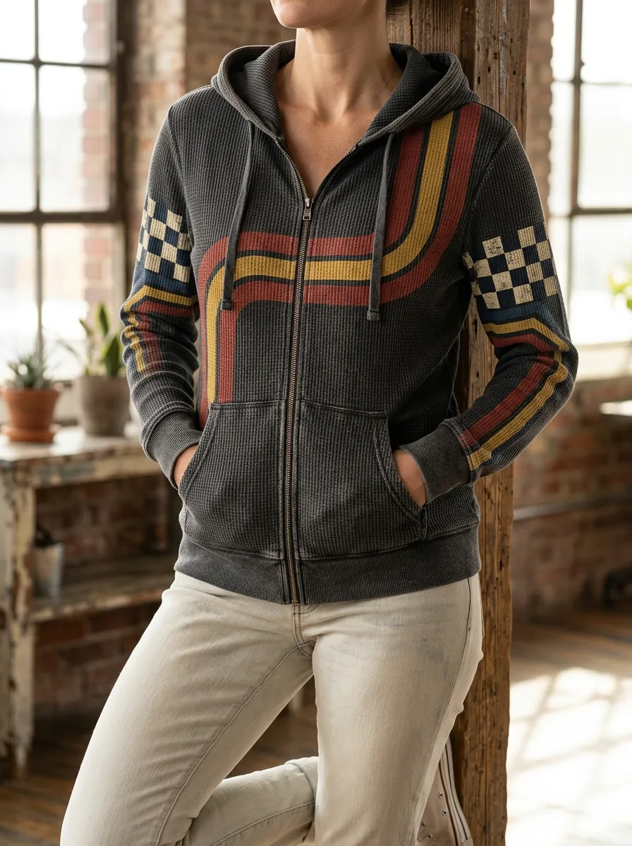 Women's Retro Racing Stripe Checkerboard Printed Waffle Zip Hoodie