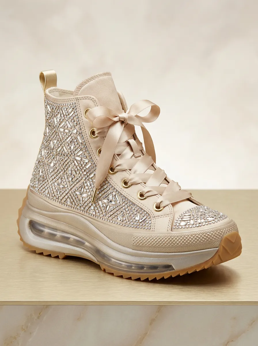 Lace-Detail Lace-Up Geometric Women's Rhinestone Platform Shoes