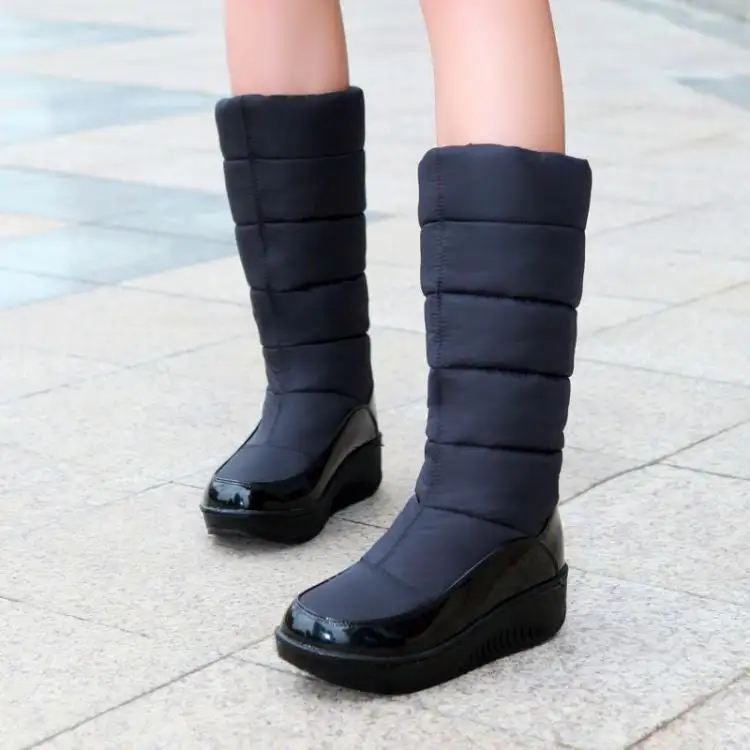 Down Cloth Mid-Calf Snow Boots Winter Warm Chunky Wedge Snow Boots