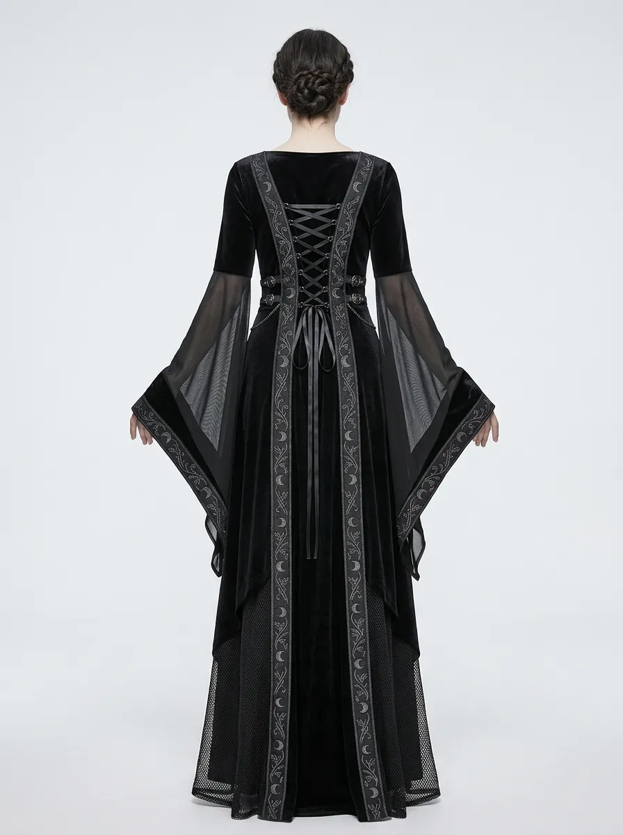 Dark Romantic Moon Raven Velvet Silhouette Women's Gothic Dress