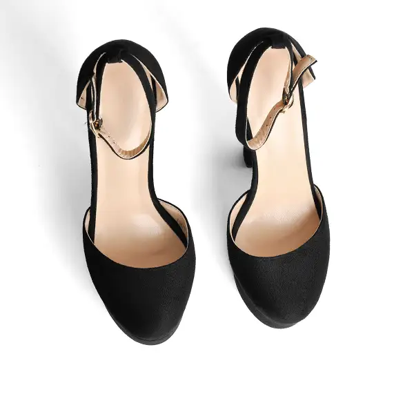 Suede Finish Round Toe Platform Chunky Heel Pumps